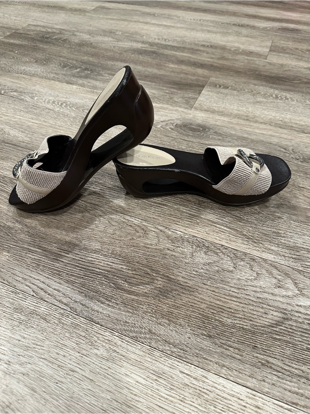 Calvin Klein Chocolate Brown and Cream Cutout Wedge Sandals